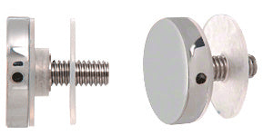 Two views of a 1-inch diameter polished stainless steel standoff cap assembly with a 1/4-20 threaded stud and clear plastic washers.