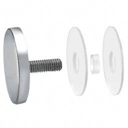 A polished 316 stainless steel 2-inch round standoff cap assembly shown with its threaded stud and clear protective washers.