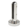 A polished stainless steel round surface mount windscreen clamp with internal gaskets for glass panels.
