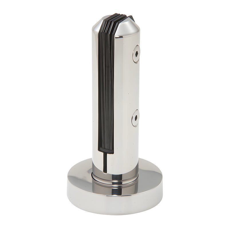 A polished stainless steel round surface mount windscreen clamp with internal gaskets for glass panels.