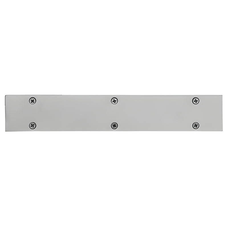 A rectangular tube end cap with a clear anodize finish and six visible mounting screws.