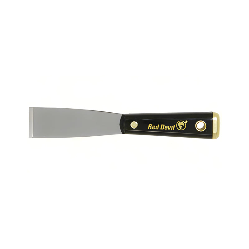 A Red Devil putty chisel with a 1-1/4 inch steel blade and a black handle shown against a white background.