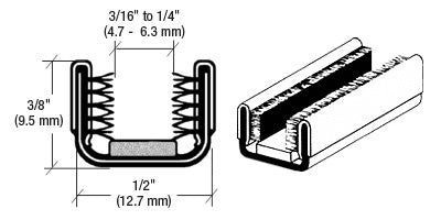 Technical diagram showing the cross-section and profile of a black rigid unbeaded glass channel for automotive use.