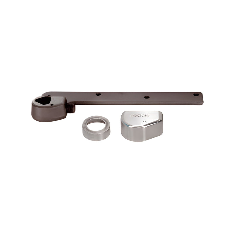 A Rixson 3/4-inch offset bottom arm assembly in satin chrome, including the arm, a circular collar, and a protective cover.
