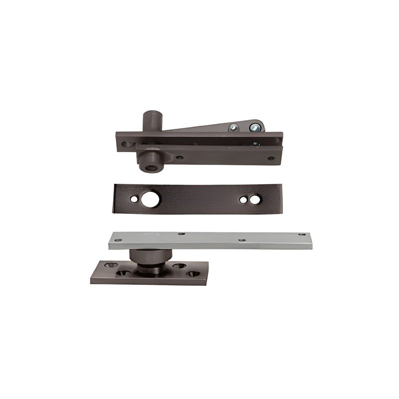 A Rixson center-hung pivot set in dark bronze finish, featuring a floor pivot and mounting components for aluminum storefront doors.