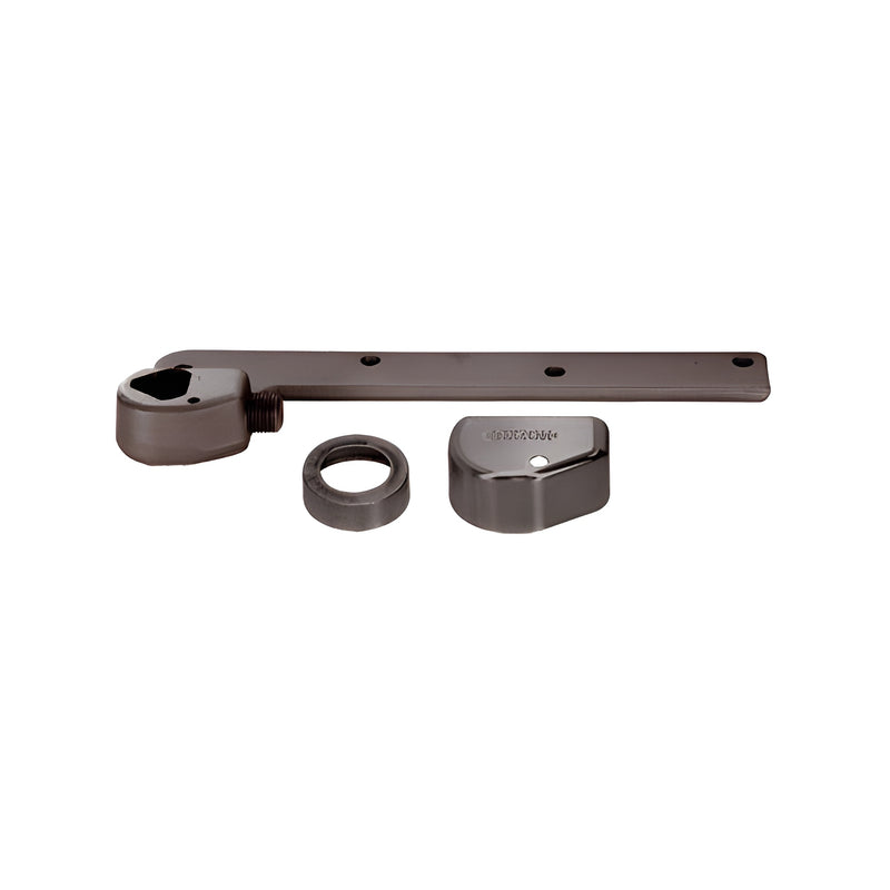 A dark bronze Rixson 3/4 inch offset bottom arm assembly with mounting components for right-hand door applications.