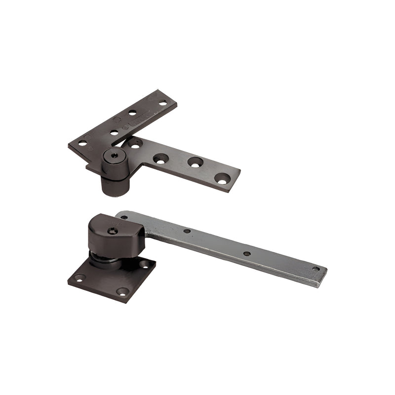 A Rixson right hand 3/4" offset pivot set in dark bronze finish featuring the top and bottom mounting plates.