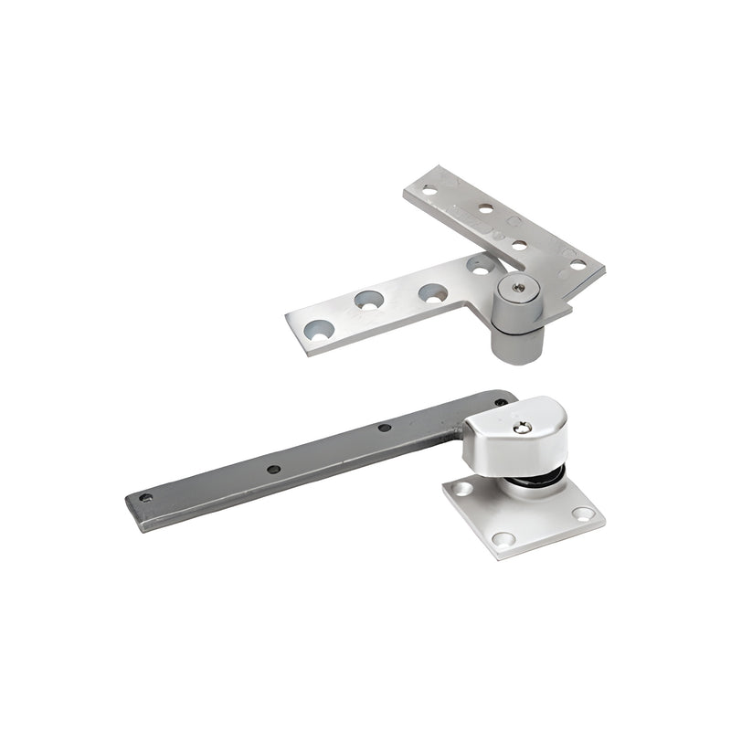 A Rixson left-hand 3/4-inch offset pivot set in satin chrome finish, featuring top and bottom mounting plates for aluminum storefront doors.