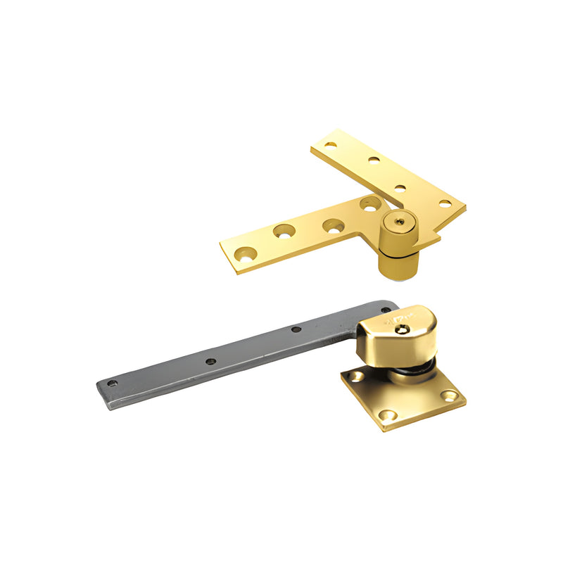 A Rixson left-hand 3/4-inch offset pivot set featuring a polished brass finish for aluminum storefront doors.