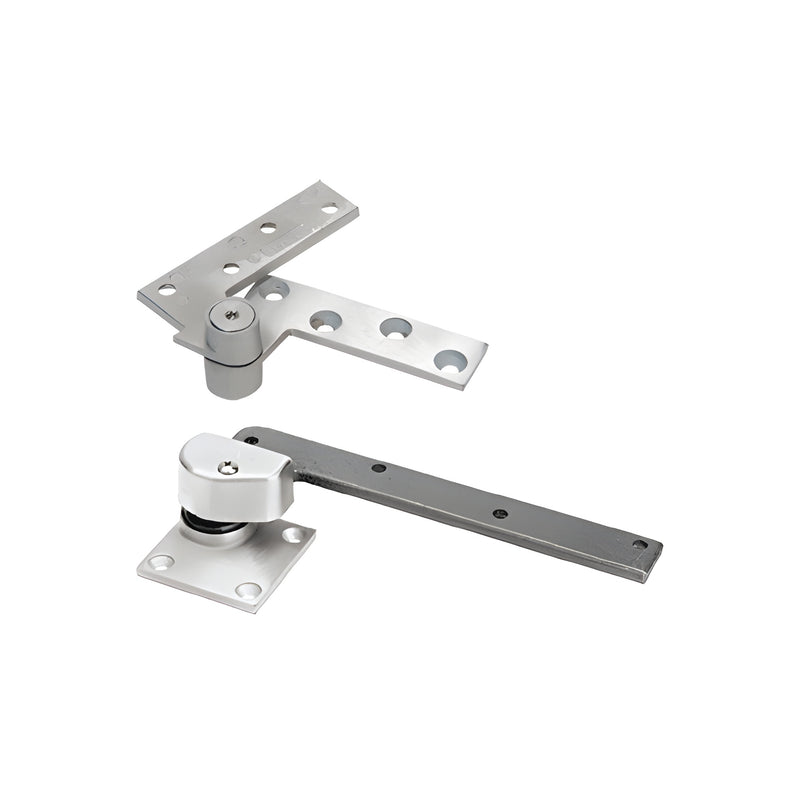A Rixson right-hand 3/4-inch offset pivot set featuring a satin chrome finish for aluminum storefront doors.