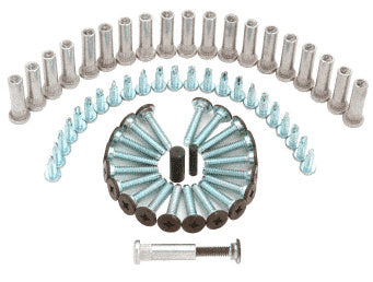 A collection of metal fasteners, including screws and rivets, designed for Roton 057HD series door hinges.