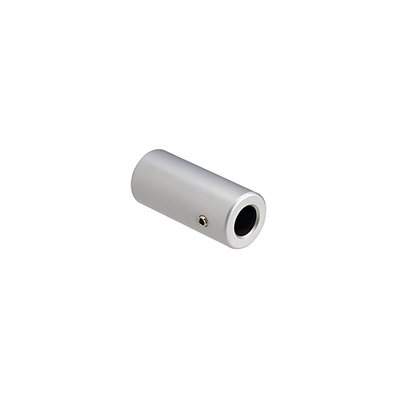 A cylindrical aluminum bottom coupling cap with a satin anodized finish and a small set screw on the side.