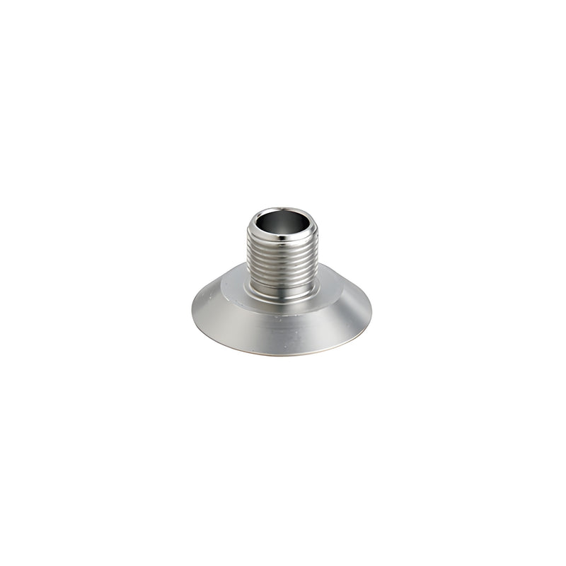 A close-up view of a satin anodized aluminum rod mount designed for ceiling or floor mounting.
