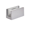 A satin anodized metal bottom guide for sliding door systems with a white plastic insert.