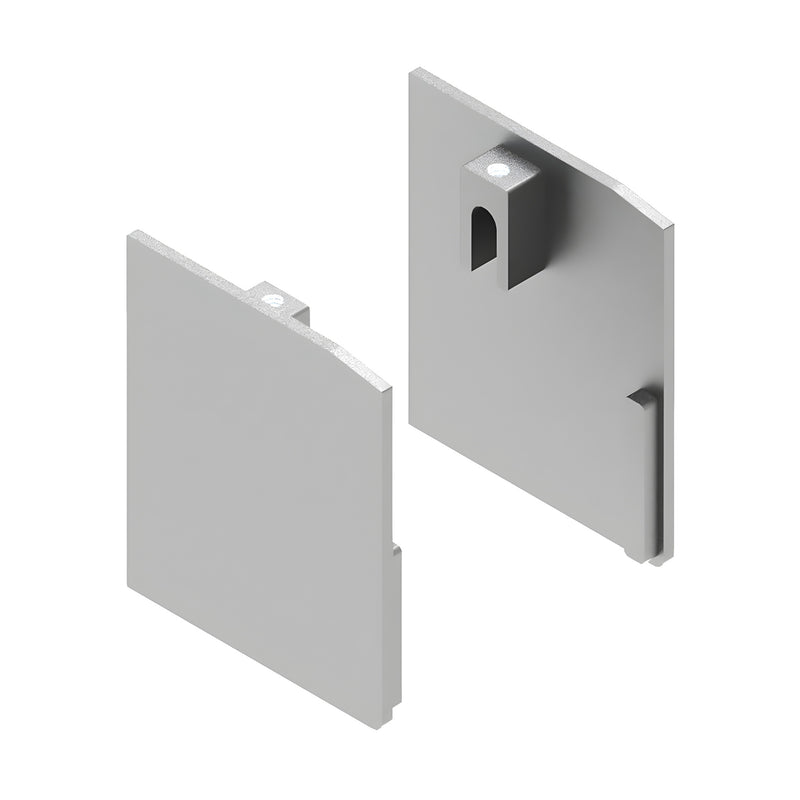 Two satin anodized metal end caps for a wall mount kit are shown from an isometric perspective.