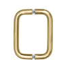 A front-facing view of the satin brass 6-inch back-to-back solid brass pull handle.