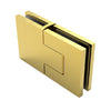 A premium satin brass Bellagio glass-to-glass hinge shown in a closed 180-degree position.