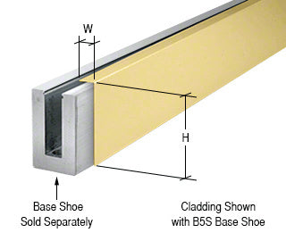 A section of satin brass cladding is shown attached to a B5S series square aluminum base shoe, which is sold separately.