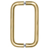 A front-facing view of the satin brass back-to-back pull handle set.