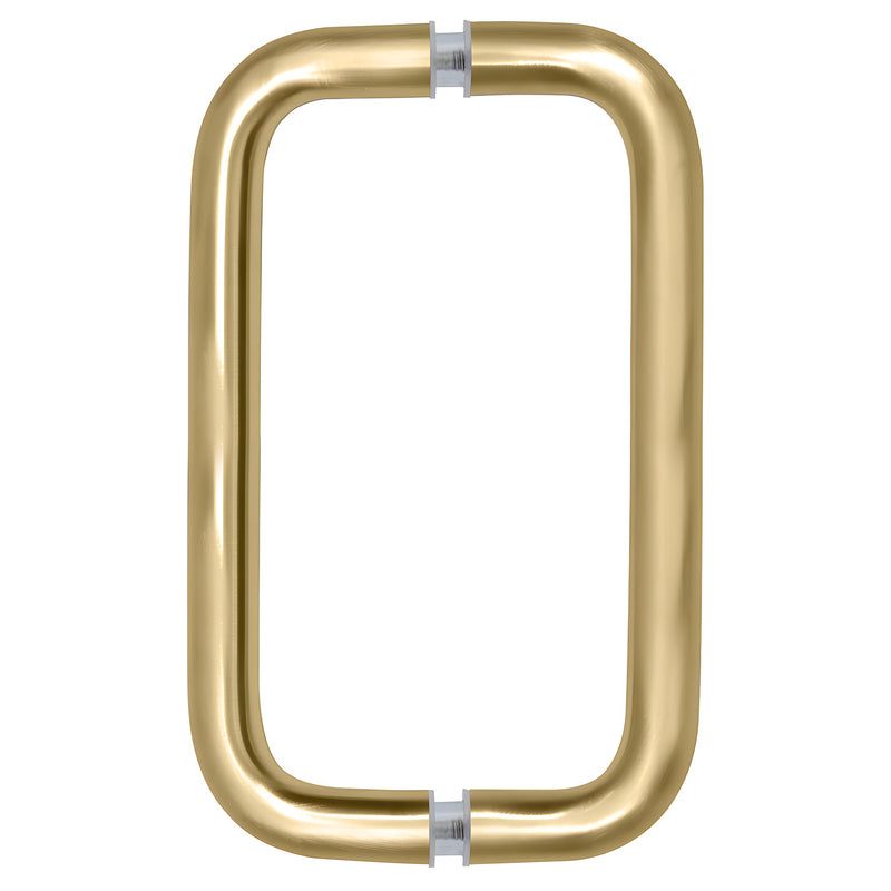 A front-facing view of the satin brass back-to-back pull handle set.