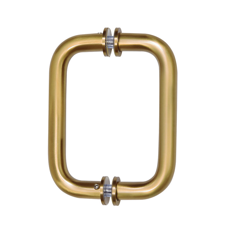 A front-facing view of the satin brass tubular back-to-back pull handle showing the mounting hardware.