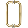 A front-facing view of the satin brass tubular back-to-back pull handle showing the mounting hardware.