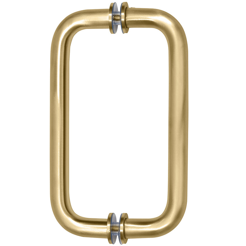 A front-facing view of the satin brass tubular back-to-back pull handle showing the mounting hardware.