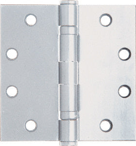 A satin chrome square ball bearing hinge with a non-removable pin and eight mounting holes.