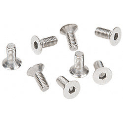 A pack of eight stainless steel flat head screws with a satin chrome finish and hex drive style.