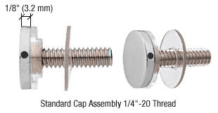 Two satin chrome brass standoff cap assemblies with 1/4"-20 threaded studs and clear washers shown side by side.