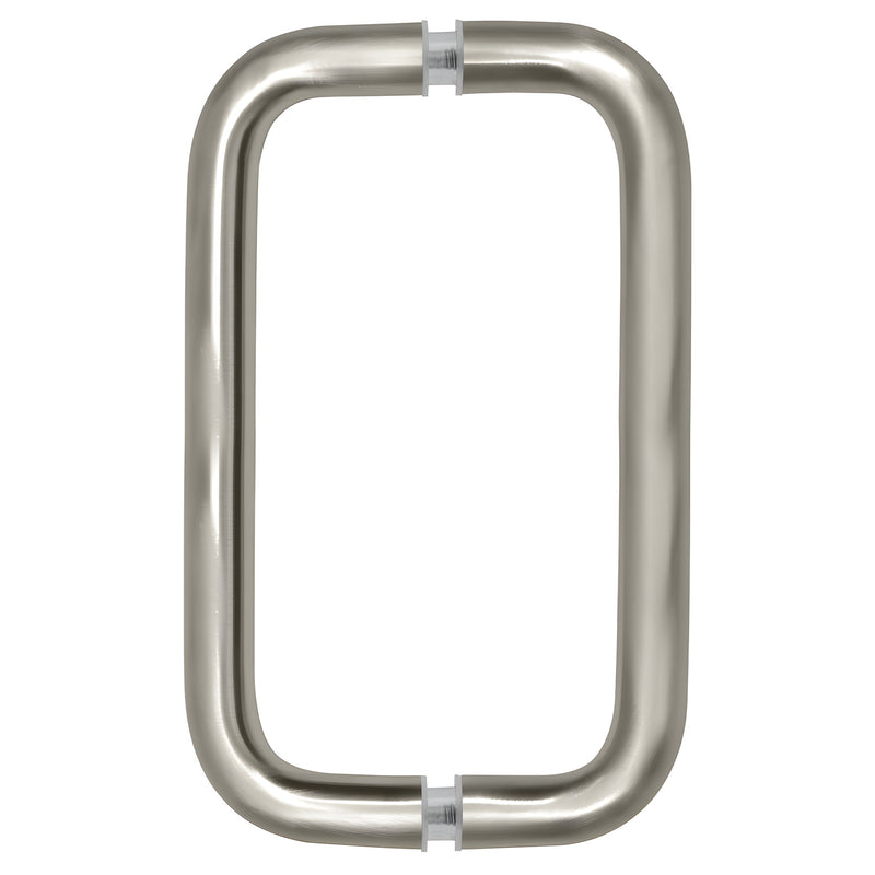 A front-facing view of the satin nickel back-to-back solid brass pull handle.