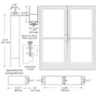 CRL-U.S. Aluminum White KYNAR® Paint Custom Pair Series 400 Medium Stile Geared Hinge Entrance Doors With Panics for Overhead Concealed Door Closers