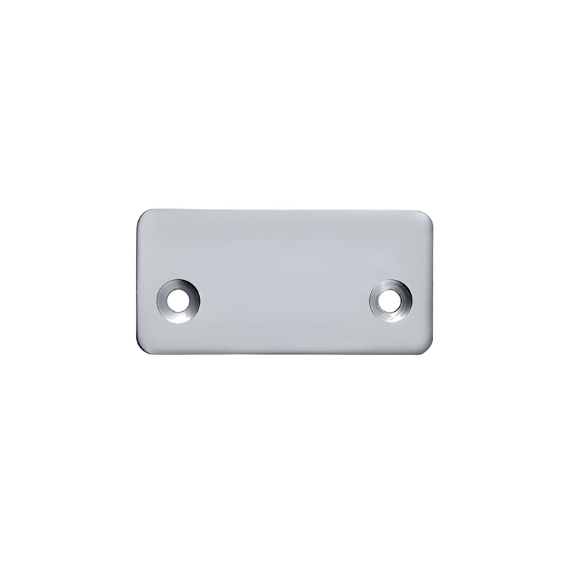 A rectangular silver metallic decorative end cap with two countersunk screw holes.