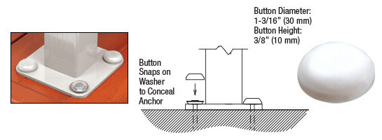 A diagram and photo showing Sky White plastic bolt cover buttons snapping onto a post base to conceal anchor hardware.