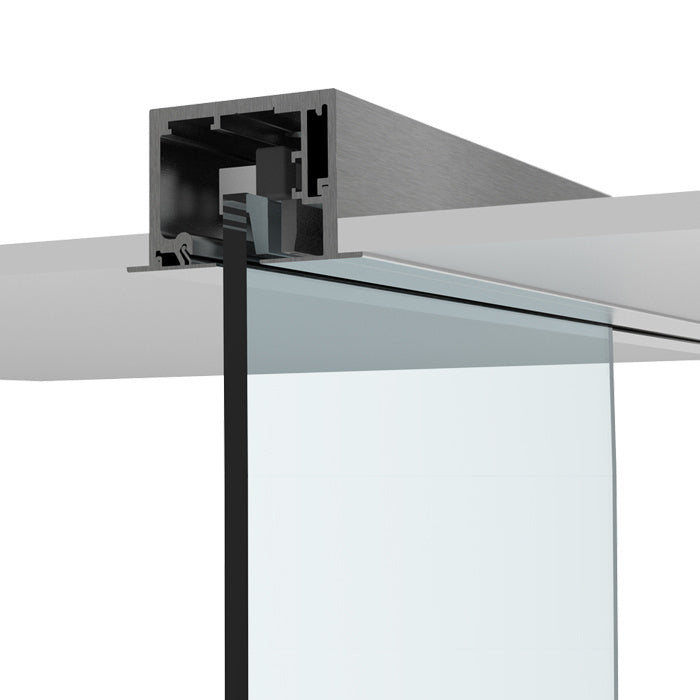 A close-up view of the brushed stainless anodized track profile for the sliding door kit.