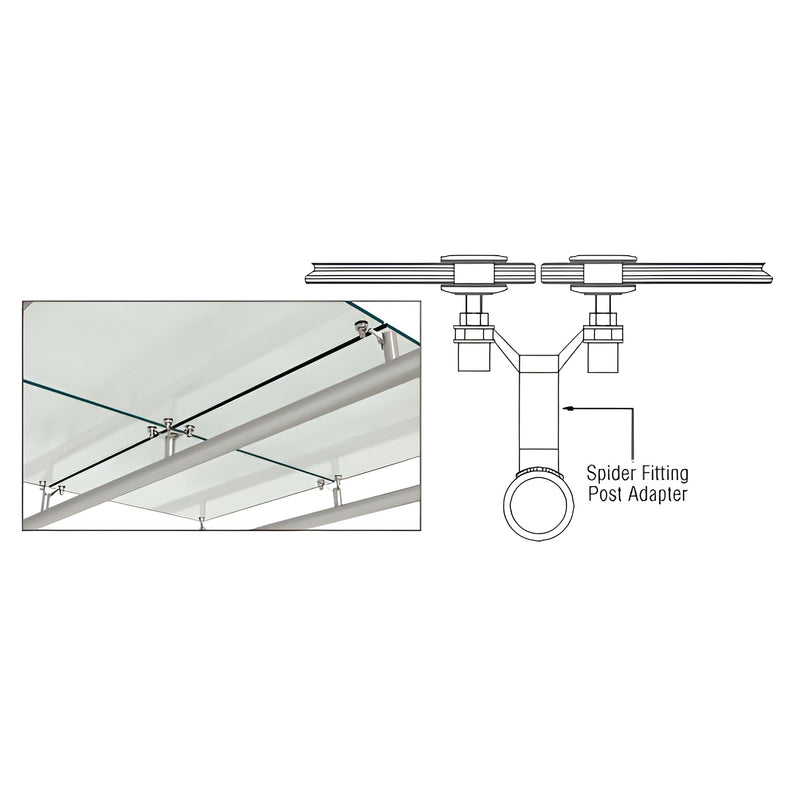 A technical diagram showing a spider fitting post adapter connecting glass panels to a support post.