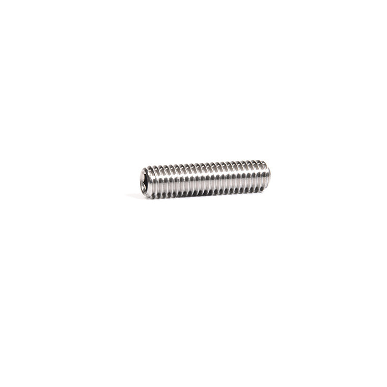 A single stainless steel headless Allen screw with a 3/8 inch thread size.