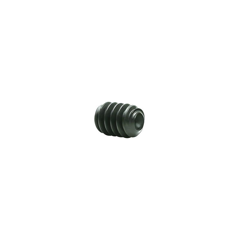A close-up view of a threaded stainless steel Allen set screw with a 3/8 inch length.