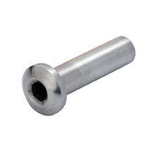 A close-up view of a mill finish 316 stainless steel button tensioner terminal for cable railing.