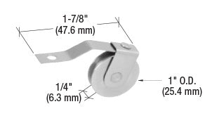 A stainless steel ball-bearing screen door roller with a concave profile and spring tension arm shown with dimension labels.