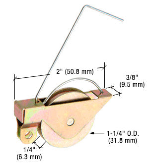 A steel ball bearing center groove sliding screen door roller with a spring tensioner and 1-1/4 inch wheel.