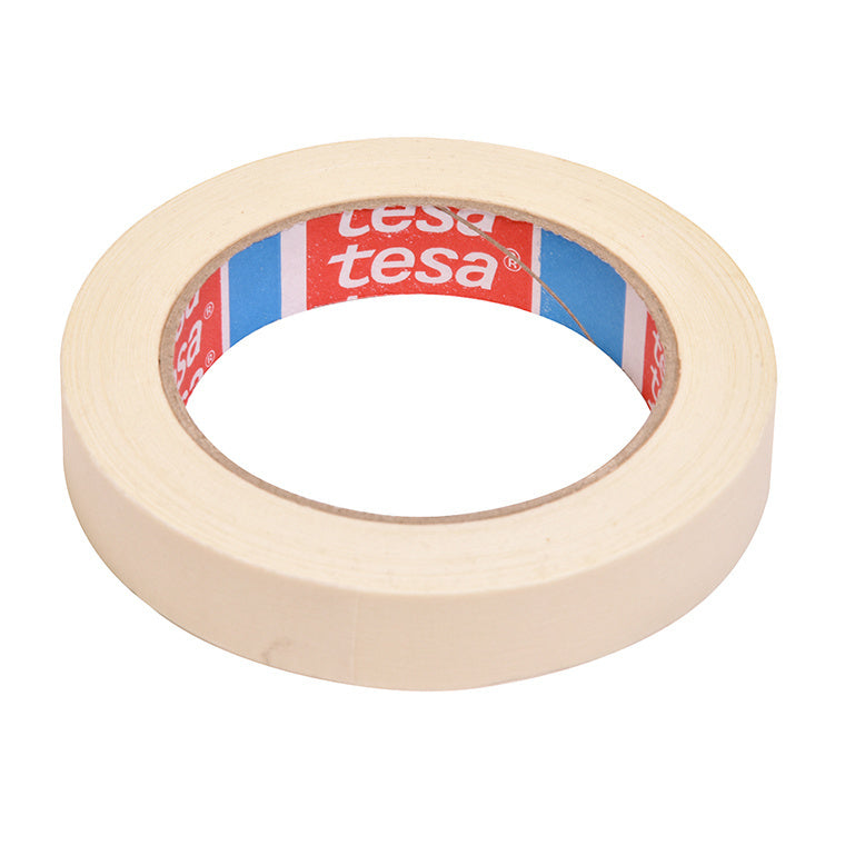 A single roll of tan Tesa multi-purpose masking tape shown from an angled perspective.
