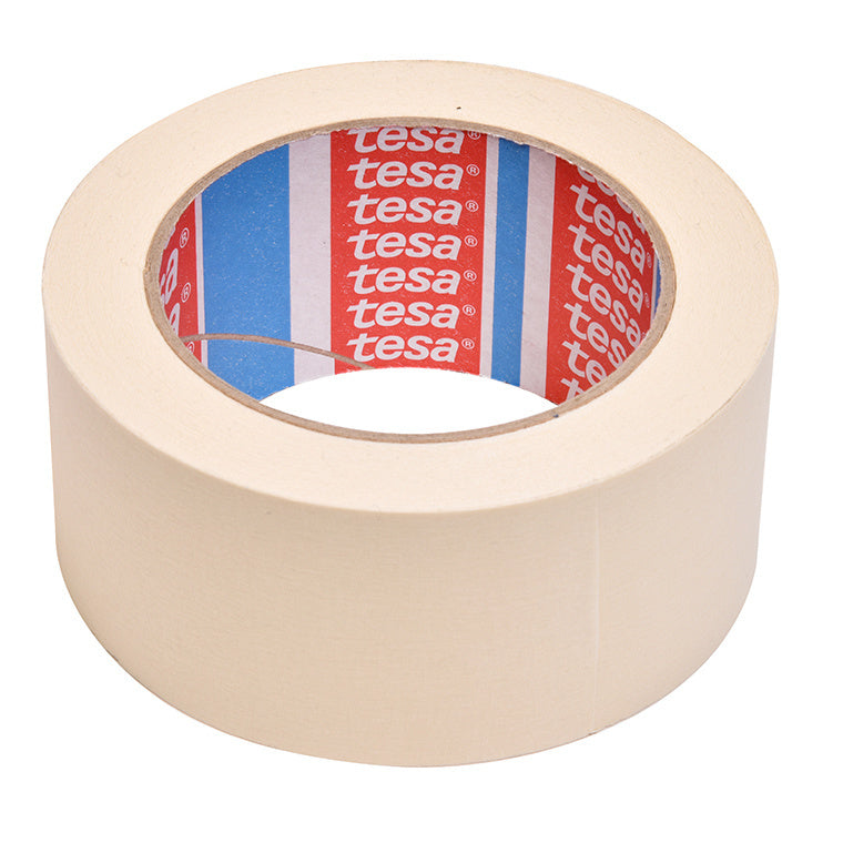 A single roll of tan Tesa multi-purpose masking tape showing the branded inner core.