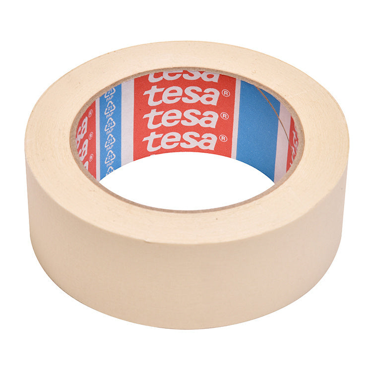A single roll of tan Tesa multi-purpose masking tape is shown against a white background.