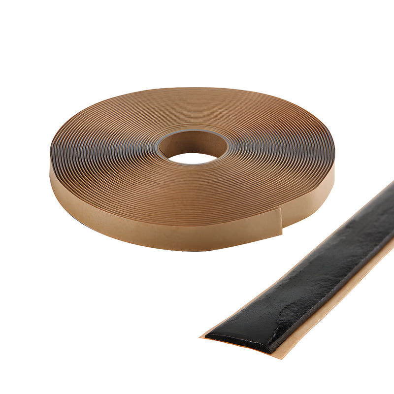 A roll of black Tremco 440 butyl architectural tape is shown with a strip of the adhesive tape extending outward.