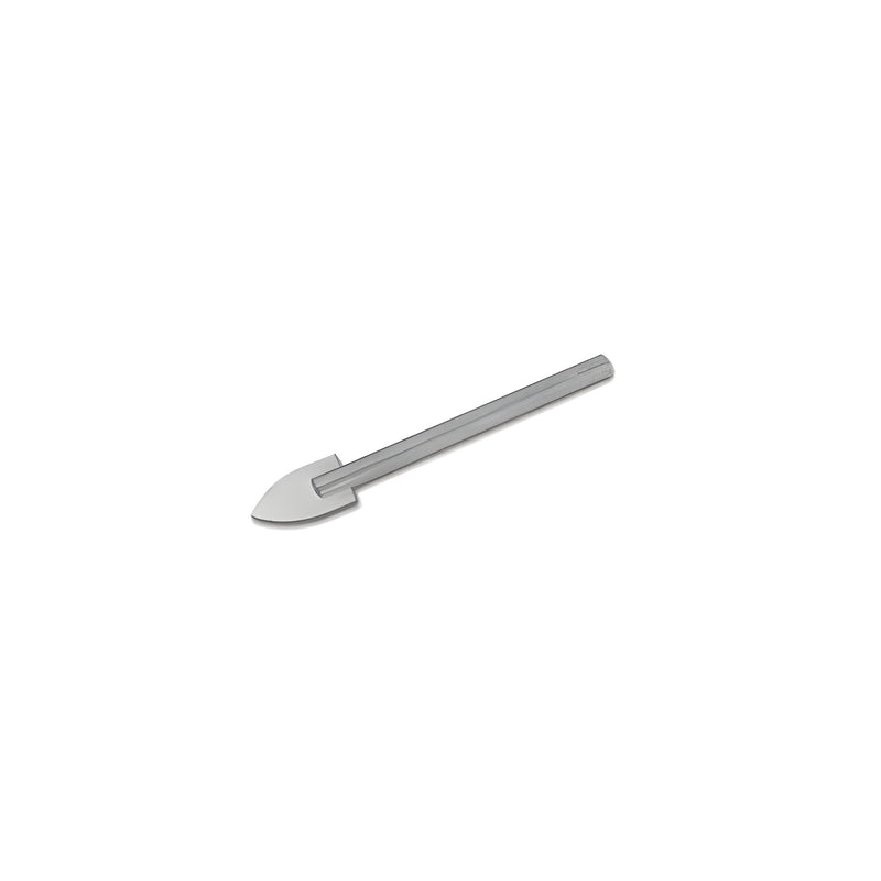 A silver tungsten carbide tipped spearpoint drill bit with a round shank.
