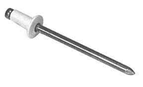 A single white aluminum rivet with a long mandrel shown against a plain background.