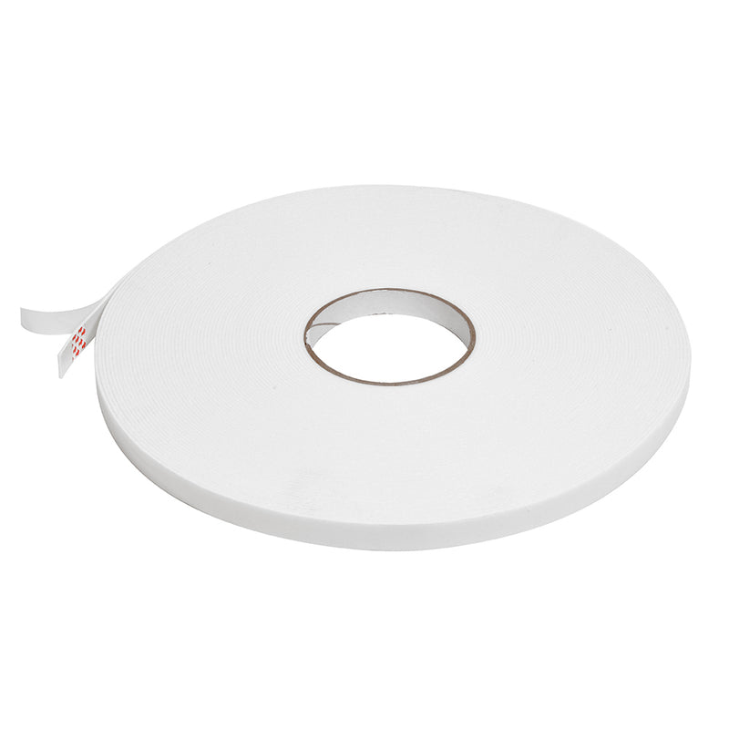 A single roll of white all-purpose foam mounting tape with a partially peeled release liner.