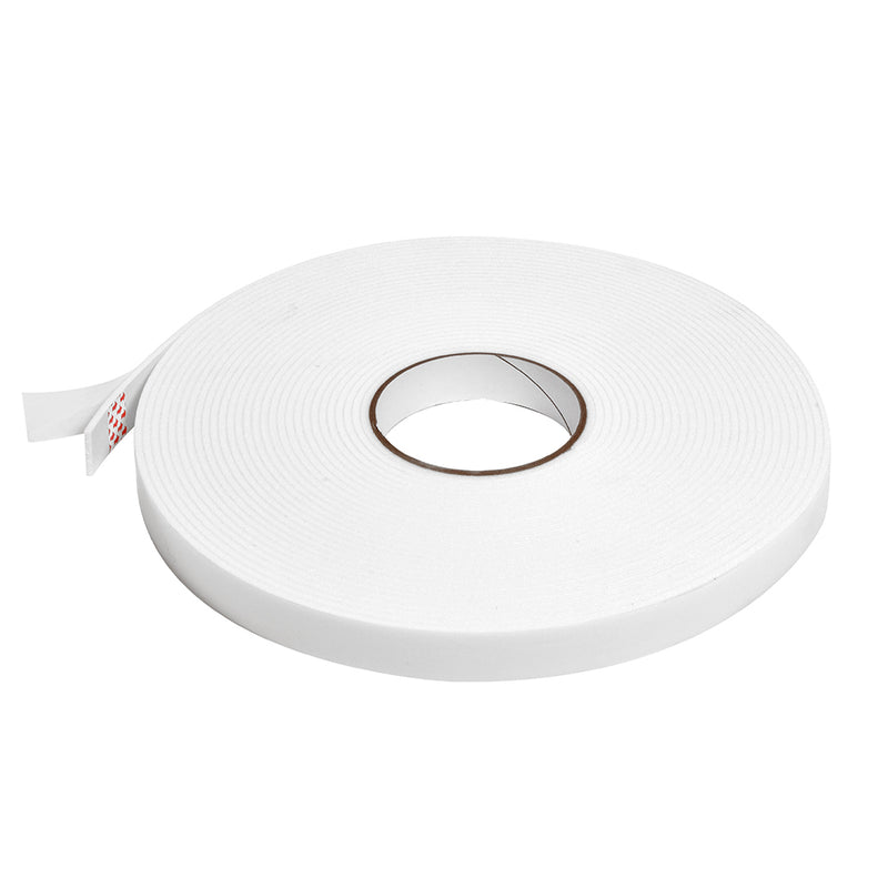 A single roll of white all-purpose foam mounting tape with a partially peeled release liner.
