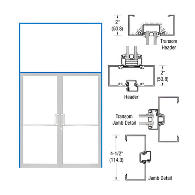 CRL-U.S. Aluminum White KYNAR® Paint 2" x 4-1/2" Open Back Transom Frame for Pair Doors Prepped for Pair Butt Hinges Using Flush Bolts and Surface Mount Closers